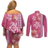 Pink Hibiscus Turle Couples Matching Off Shoulder Short Dress and Long Sleeve Button Shirt Hawaiian Style Tribal Tapa Pattern