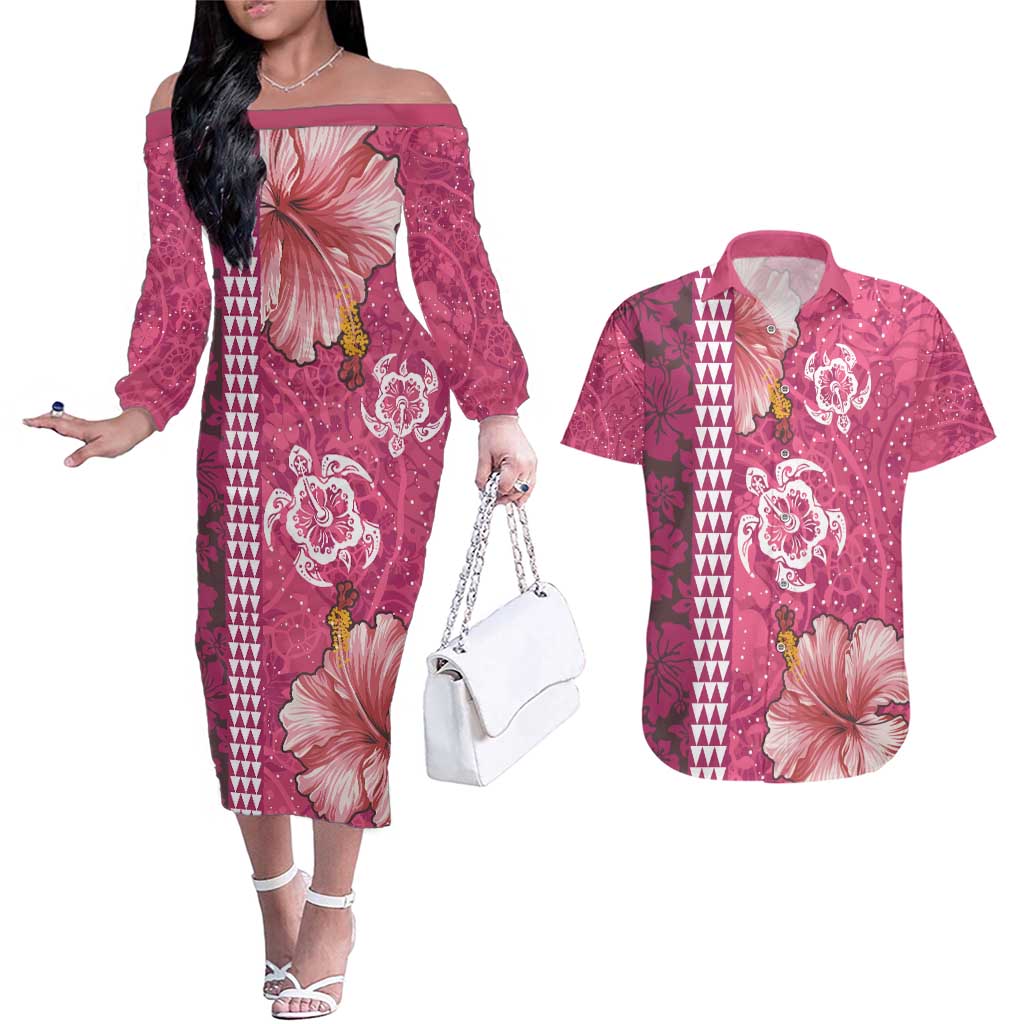 Pink Hibiscus Turle Couples Matching Off The Shoulder Long Sleeve Dress and Hawaiian Shirt Hawaiian Style Tribal Tapa Pattern