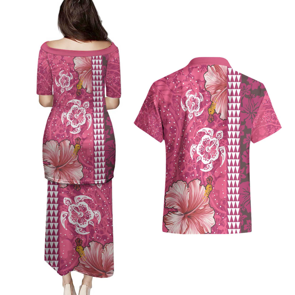 Pink Hibiscus Turle Couples Matching Puletasi and Hawaiian Shirt Hawaiian Style Tribal Tapa Pattern