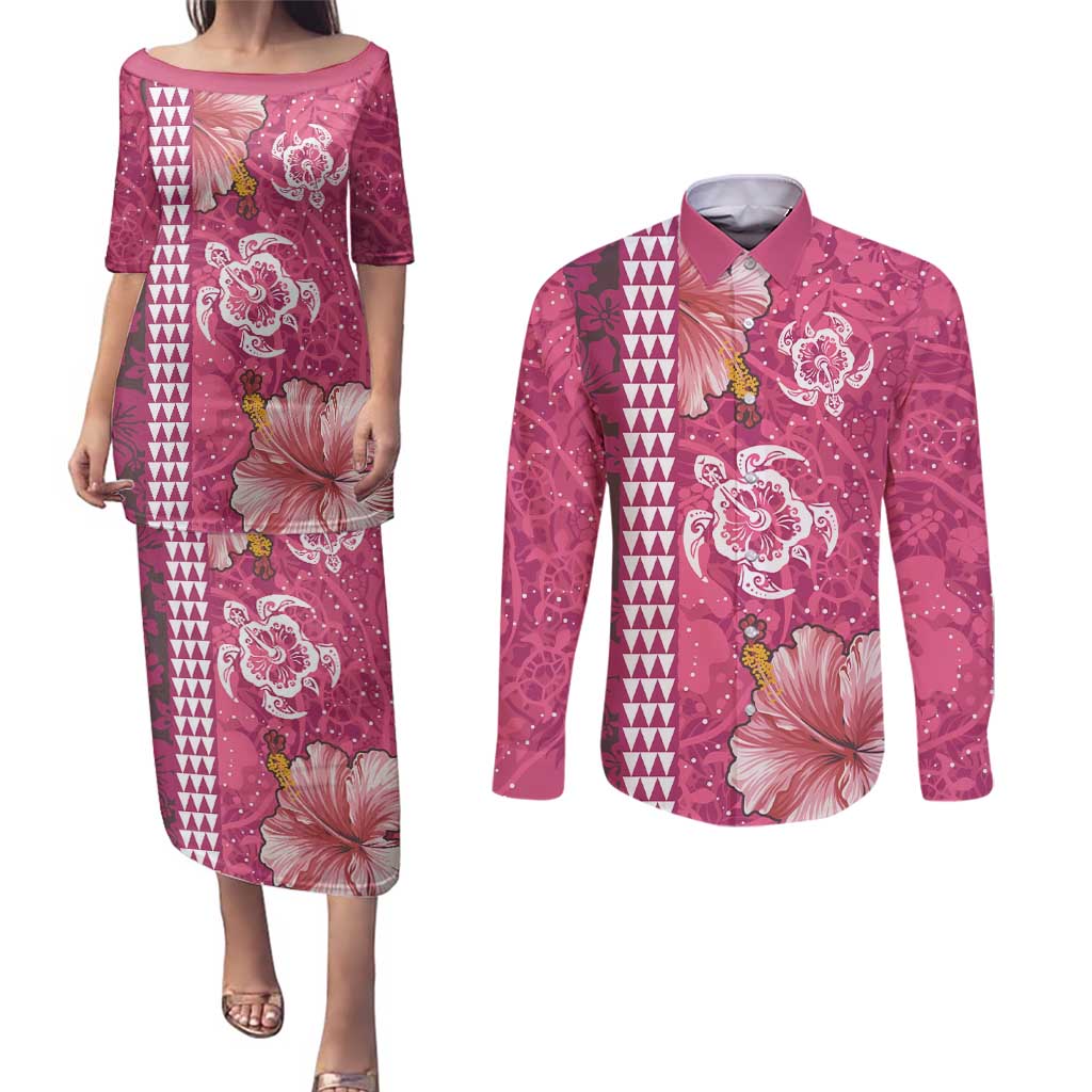 Pink Hibiscus Turle Couples Matching Puletasi and Long Sleeve Button Shirt Hawaiian Style Tribal Tapa Pattern