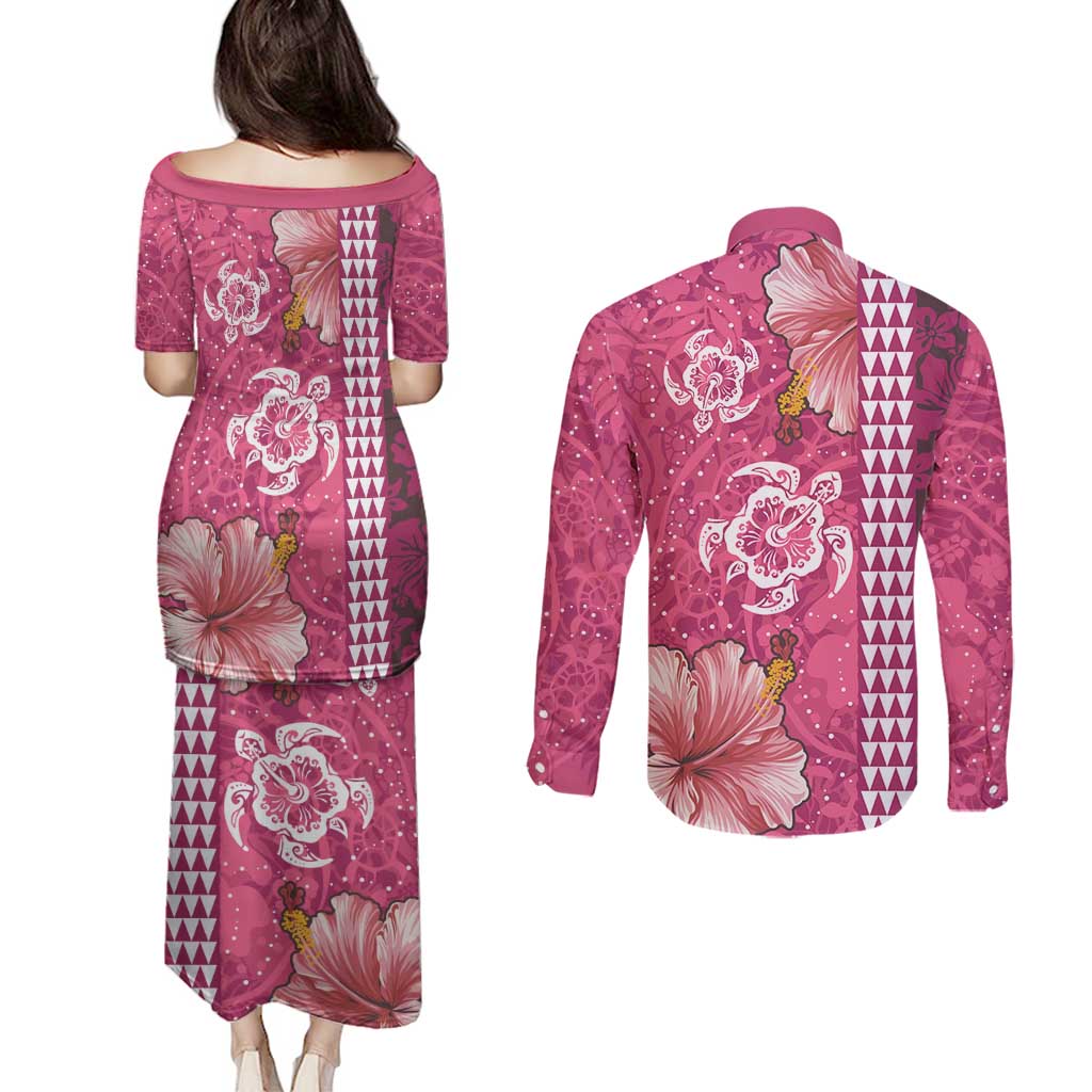 Pink Hibiscus Turle Couples Matching Puletasi and Long Sleeve Button Shirt Hawaiian Style Tribal Tapa Pattern