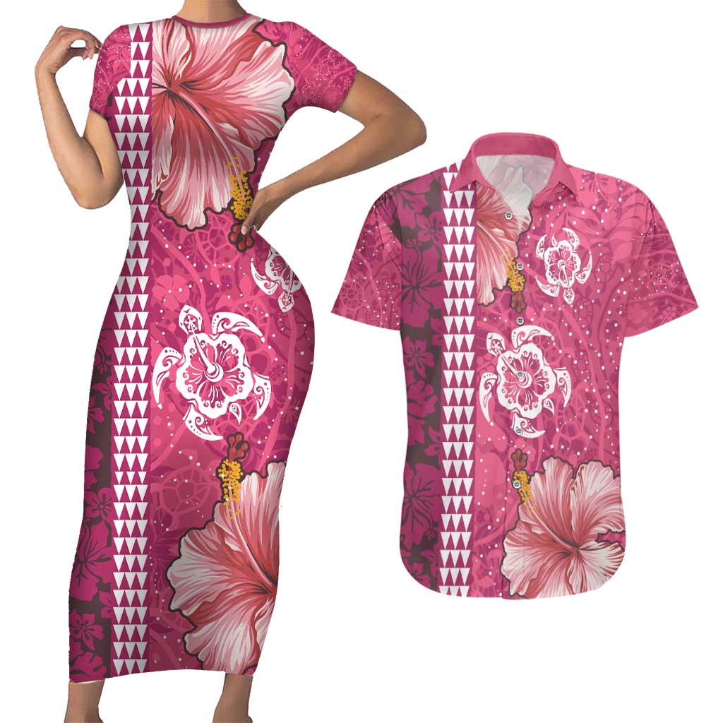 Pink Hibiscus Turle Couples Matching Short Sleeve Bodycon Dress and Hawaiian Shirt Hawaiian Style Tribal Tapa Pattern