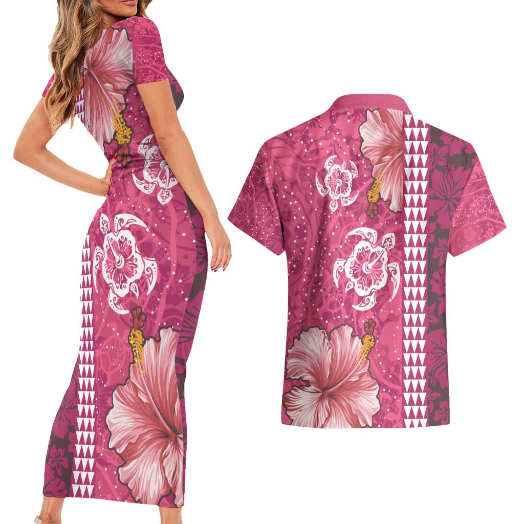 Pink Hibiscus Turle Couples Matching Short Sleeve Bodycon Dress and Hawaiian Shirt Hawaiian Style Tribal Tapa Pattern