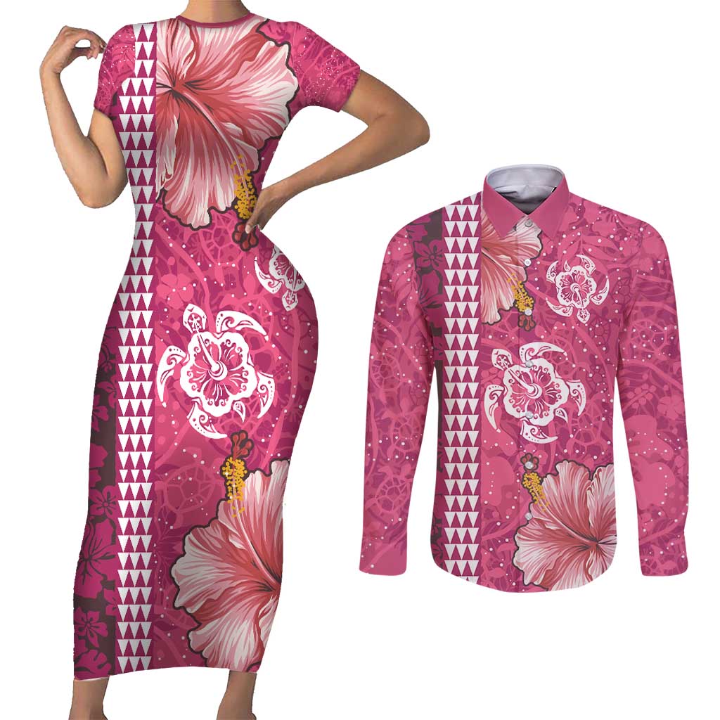 Pink Hibiscus Turle Couples Matching Short Sleeve Bodycon Dress and Long Sleeve Button Shirt Hawaiian Style Tribal Tapa Pattern