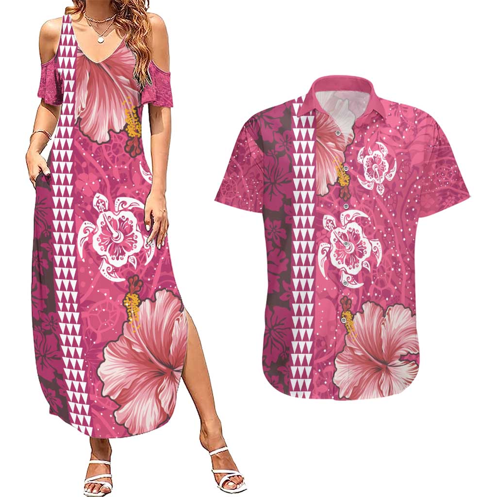 Pink Hibiscus Turle Couples Matching Summer Maxi Dress and Hawaiian Shirt Hawaiian Style Tribal Tapa Pattern