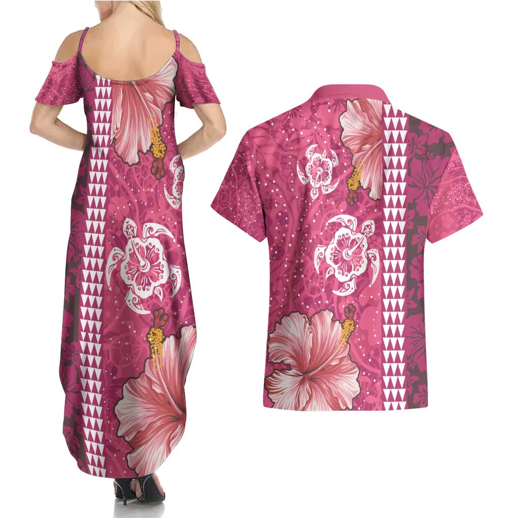 Pink Hibiscus Turle Couples Matching Summer Maxi Dress and Hawaiian Shirt Hawaiian Style Tribal Tapa Pattern