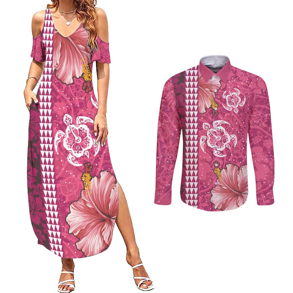 Pink Hibiscus Turle Couples Matching Summer Maxi Dress and Long Sleeve Button Shirt Hawaiian Style Tribal Tapa Pattern