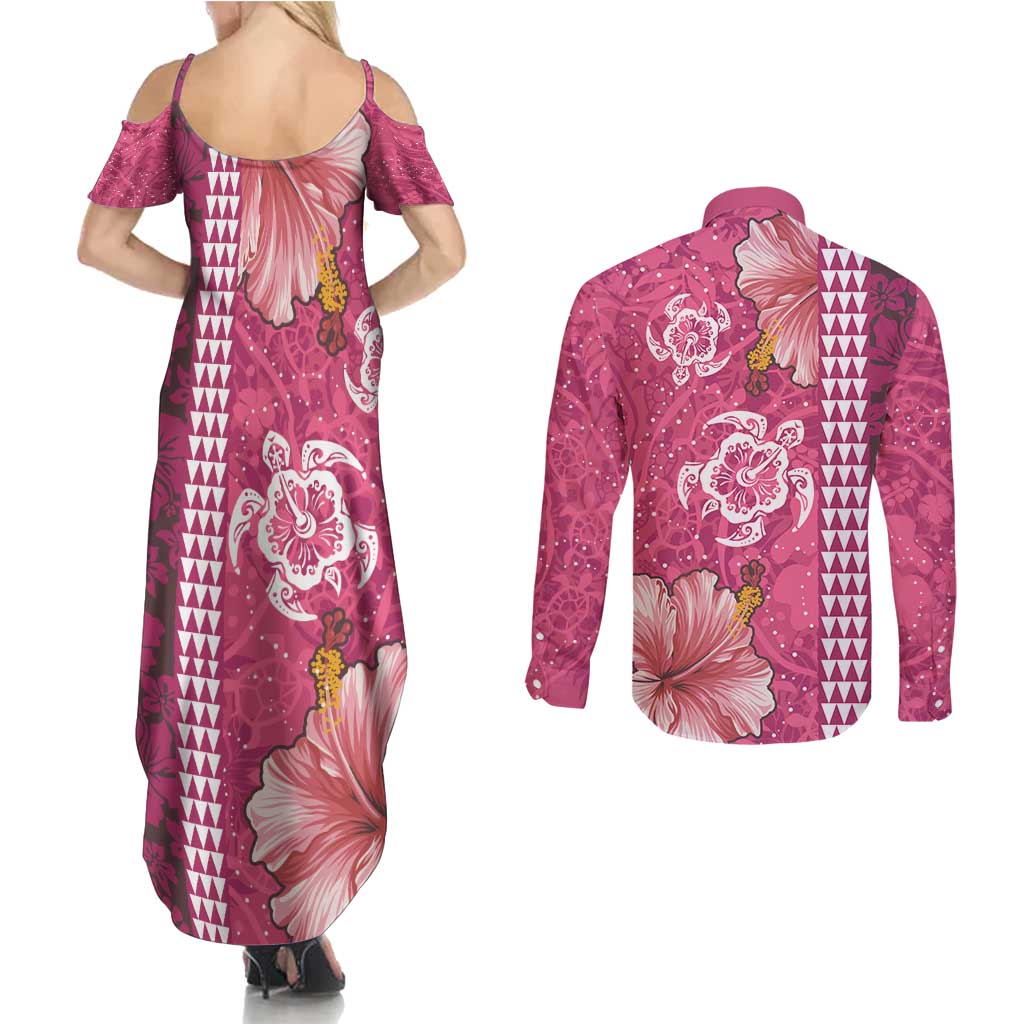 Pink Hibiscus Turle Couples Matching Summer Maxi Dress and Long Sleeve Button Shirt Hawaiian Style Tribal Tapa Pattern
