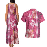 Pink Hibiscus Turle Couples Matching Tank Maxi Dress and Hawaiian Shirt Hawaiian Style Tribal Tapa Pattern