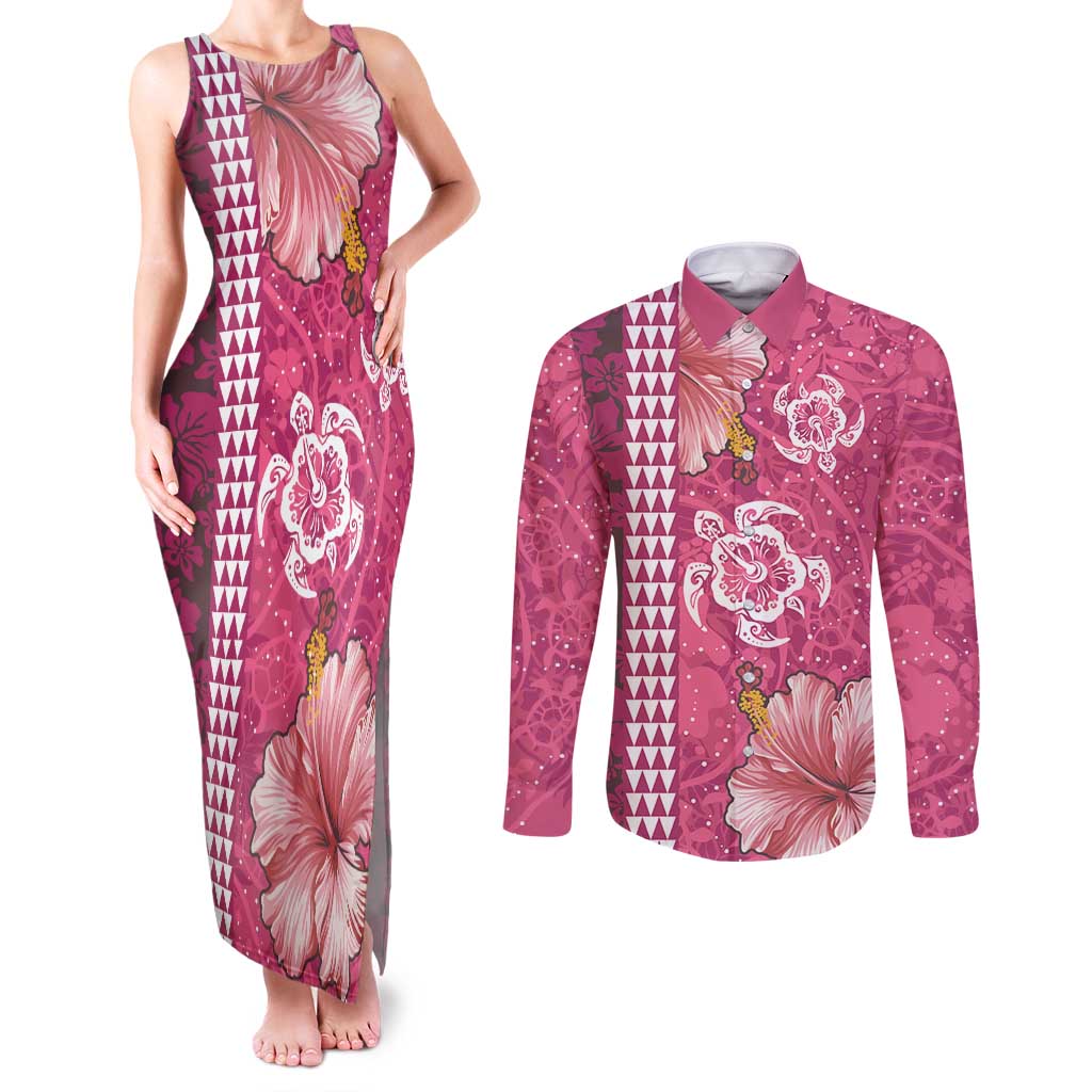 Pink Hibiscus Turle Couples Matching Tank Maxi Dress and Long Sleeve Button Shirt Hawaiian Style Tribal Tapa Pattern