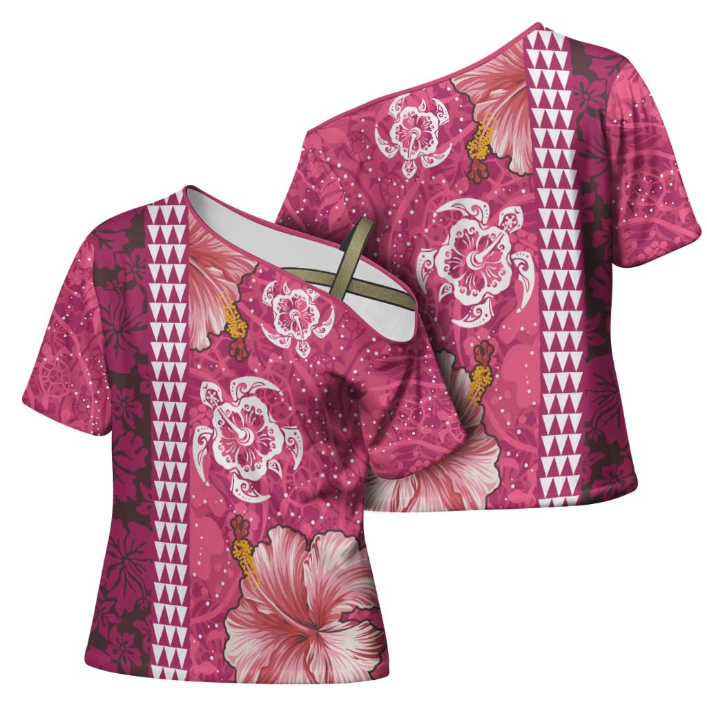 Pink Hibiscus Turle Cross Shoulder Shirt Hawaiian Style Tribal Tapa Pattern - Polynesian Pride