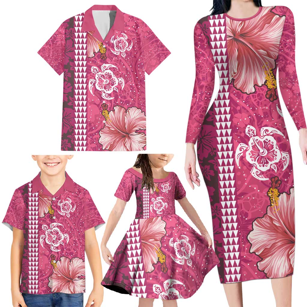 Pink Hibiscus Turle Family Matching Long Sleeve Bodycon Dress and Hawaiian Shirt Hawaiian Style Tribal Tapa Pattern