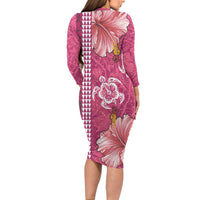 Pink Hibiscus Turle Family Matching Long Sleeve Bodycon Dress and Hawaiian Shirt Hawaiian Style Tribal Tapa Pattern