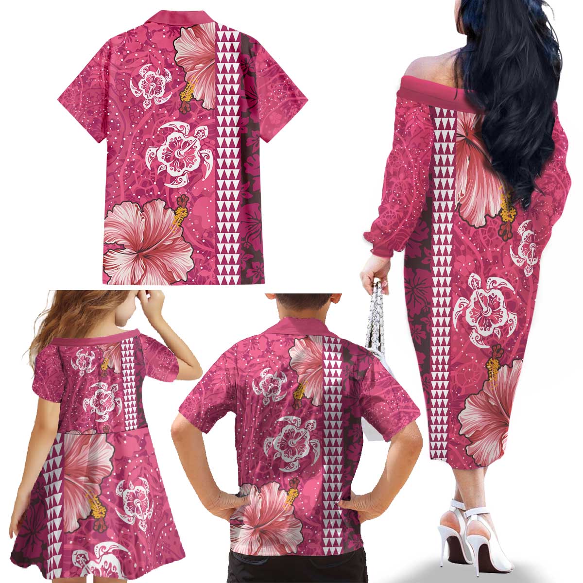 Pink Hibiscus Turle Family Matching Off The Shoulder Long Sleeve Dress and Hawaiian Shirt Hawaiian Style Tribal Tapa Pattern