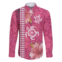 Pink Hibiscus Turle Family Matching Off The Shoulder Long Sleeve Dress and Hawaiian Shirt Hawaiian Style Tribal Tapa Pattern
