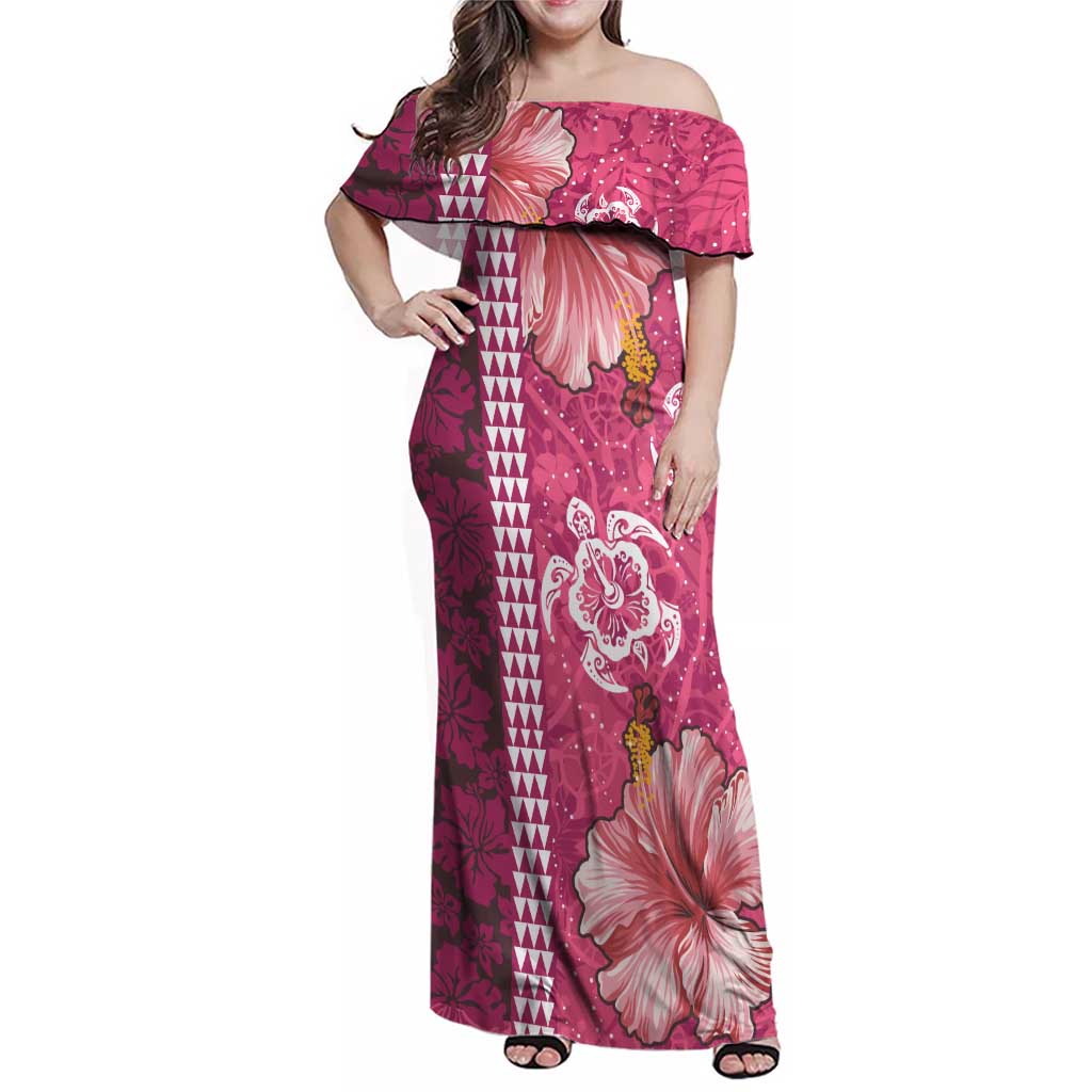 Pink Hibiscus Turle Family Matching Off Shoulder Maxi Dress and Hawaiian Shirt Hawaiian Style Tribal Tapa Pattern