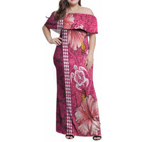 Pink Hibiscus Turle Family Matching Off Shoulder Maxi Dress and Hawaiian Shirt Hawaiian Style Tribal Tapa Pattern