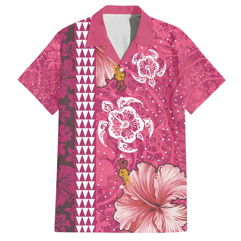 Pink Hibiscus Turle Family Matching Off Shoulder Short Dress and Hawaiian Shirt Hawaiian Style Tribal Tapa Pattern