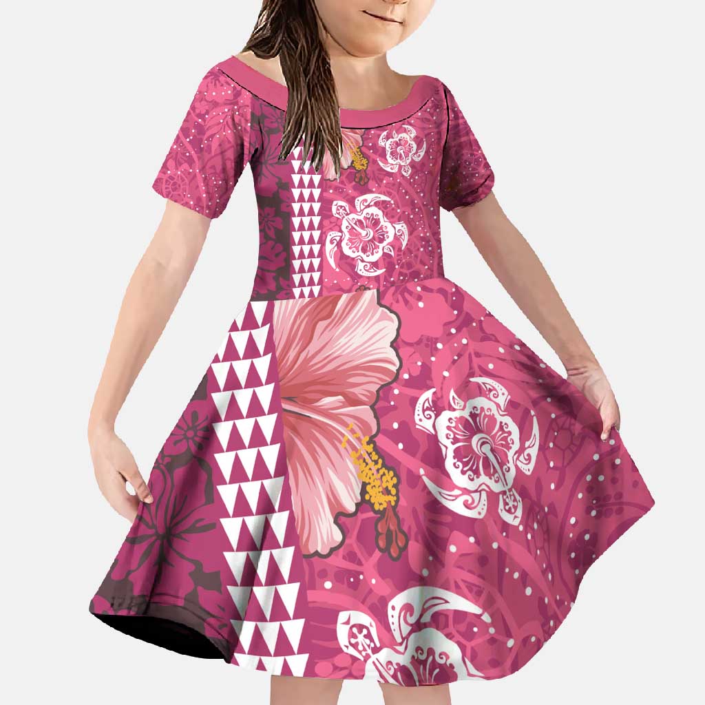 Pink Hibiscus Turle Family Matching Tank Maxi Dress and Hawaiian Shirt Hawaiian Style Tribal Tapa Pattern