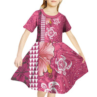 Pink Hibiscus Turle Kid Short Sleeve Dress Hawaiian Style Tribal Tapa Pattern