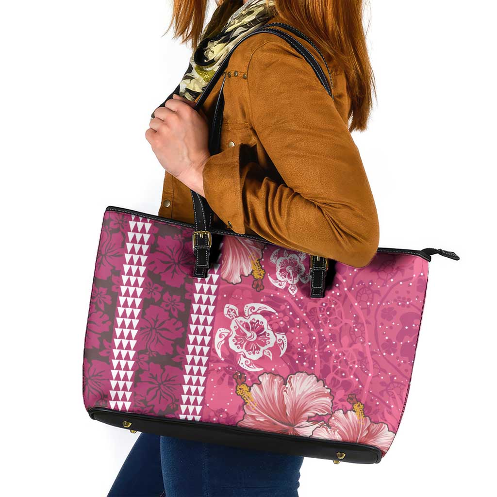 Pink Hibiscus Turle Leather Tote Bag Hawaiian Style Tribal Tapa Pattern