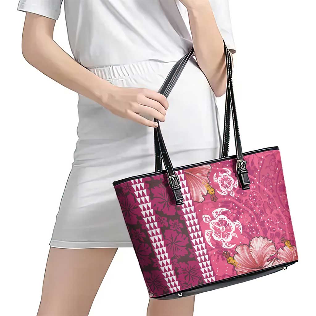 Pink Hibiscus Turle Leather Tote Bag Hawaiian Style Tribal Tapa Pattern
