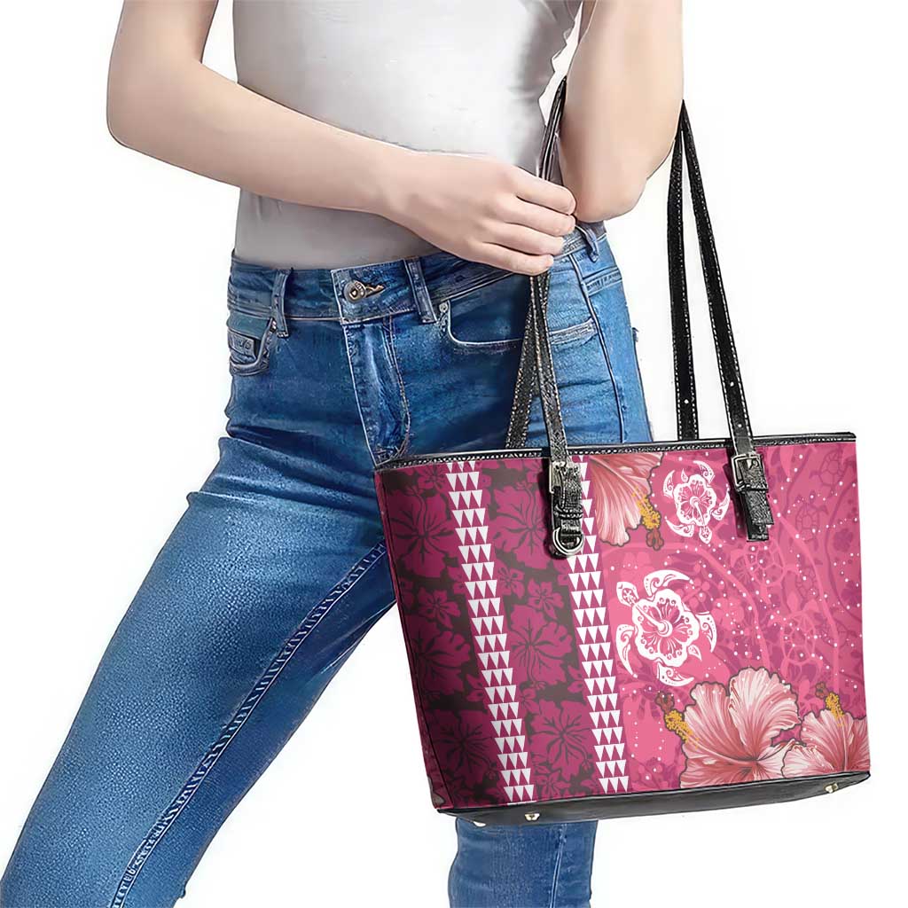 Pink Hibiscus Turle Leather Tote Bag Hawaiian Style Tribal Tapa Pattern