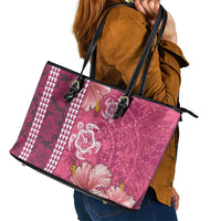 Pink Hibiscus Turle Leather Tote Bag Hawaiian Style Tribal Tapa Pattern