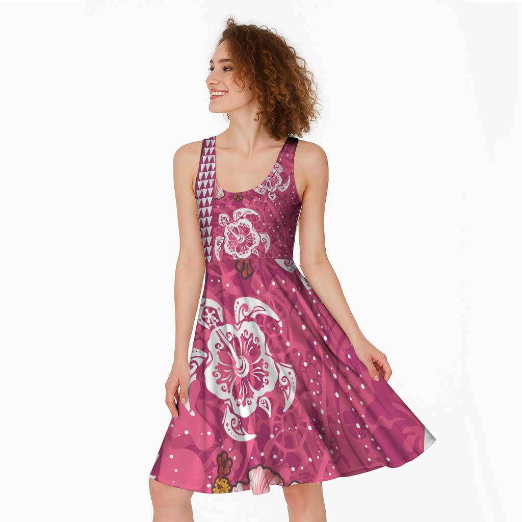 Pink Hibiscus Turle Midi Dress Hawaiian Style Tribal Tapa Pattern - Polynesian Pride