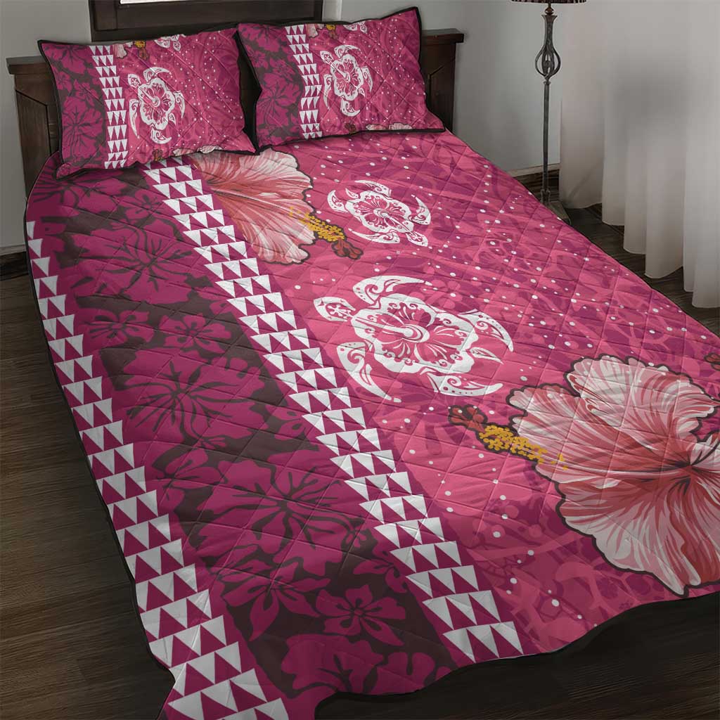 Pink Hibiscus Turle Quilt Bed Set Hawaiian Style Tribal Tapa Pattern