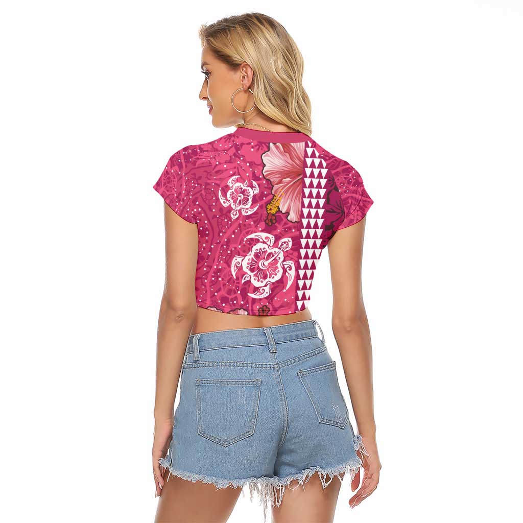Pink Hibiscus Turle Raglan Cropped T Shirt Hawaiian Style Tribal Tapa Pattern