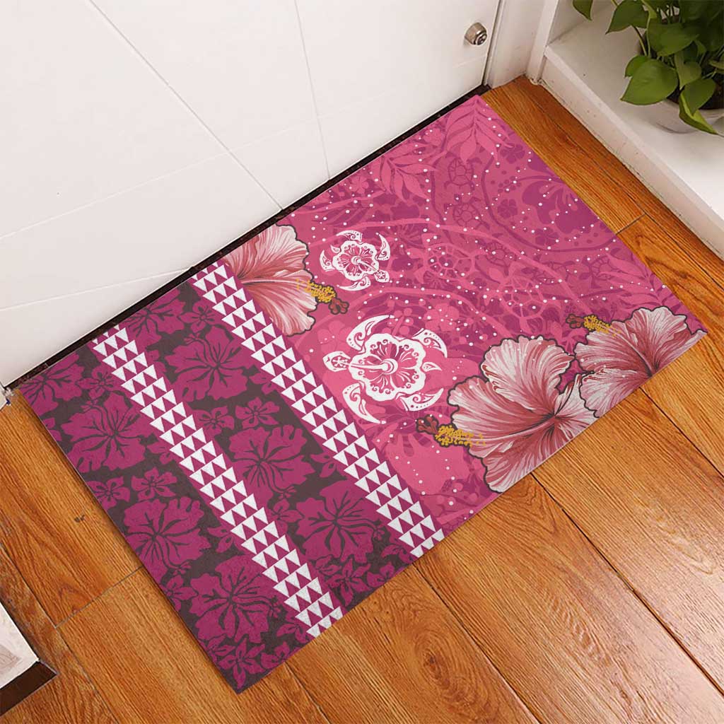 Pink Hibiscus Turle Rubber Doormat Hawaiian Style Tribal Tapa Pattern