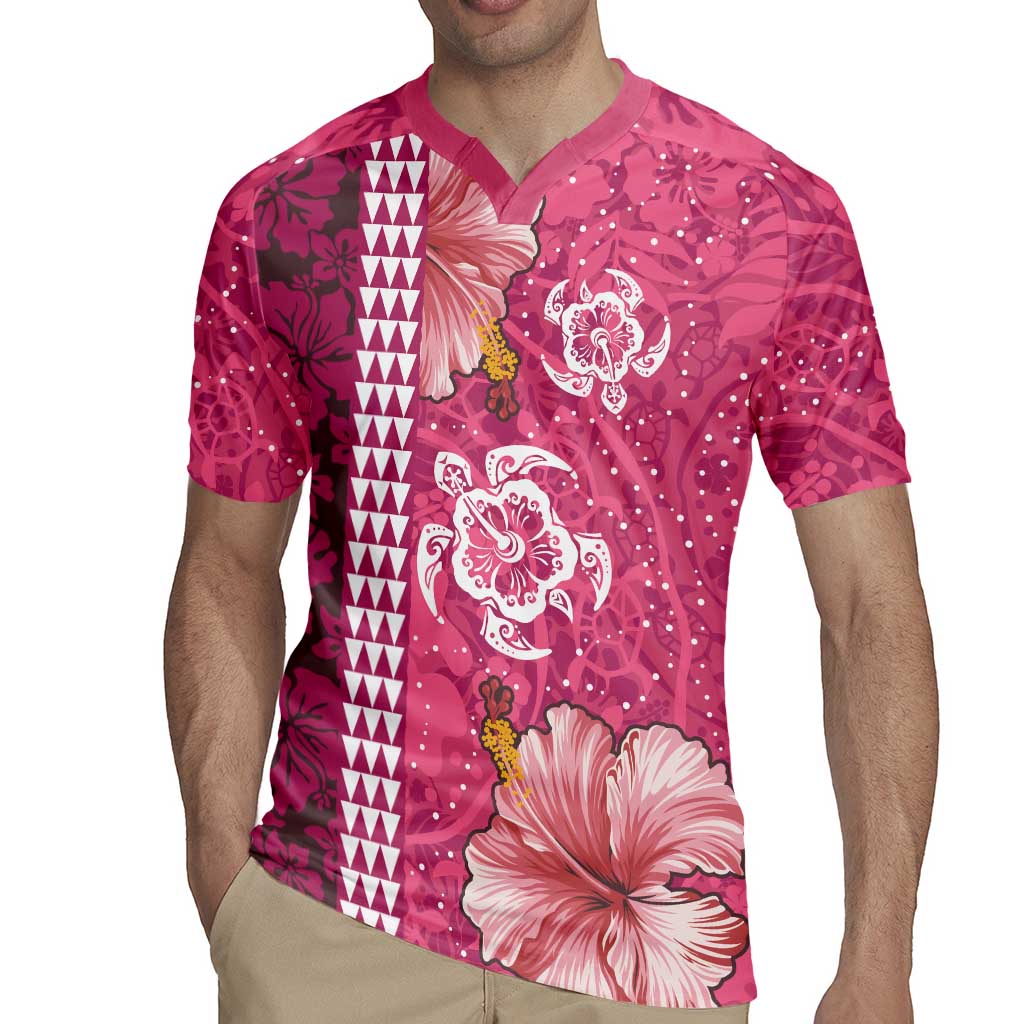 Pink Hibiscus Turle Rugby Jersey Hawaiian Style Tribal Tapa Pattern
