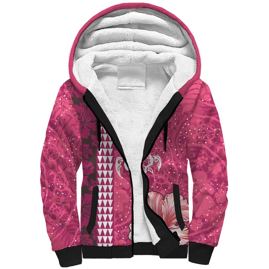 Pink Hibiscus Turle Sherpa Hoodie Hawaiian Style Tribal Tapa Pattern