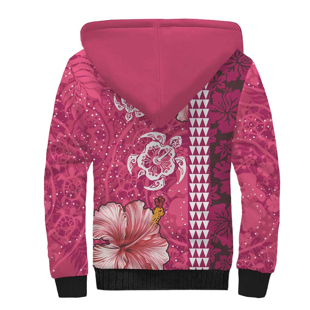 Pink Hibiscus Turle Sherpa Hoodie Hawaiian Style Tribal Tapa Pattern