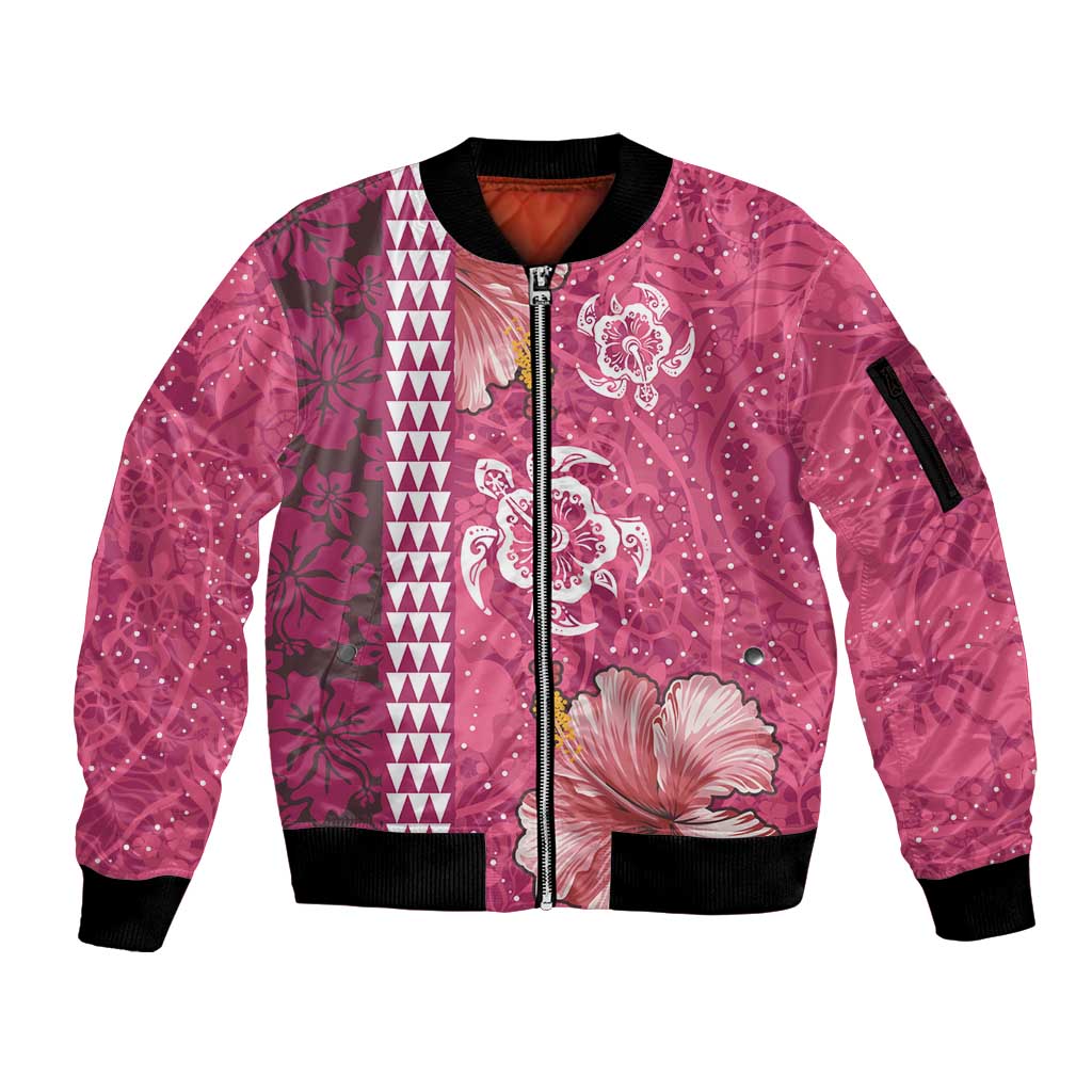 Pink Hibiscus Turle Sleeve Zip Bomber Jacket Hawaiian Style Tribal Tapa Pattern
