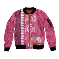 Pink Hibiscus Turle Sleeve Zip Bomber Jacket Hawaiian Style Tribal Tapa Pattern