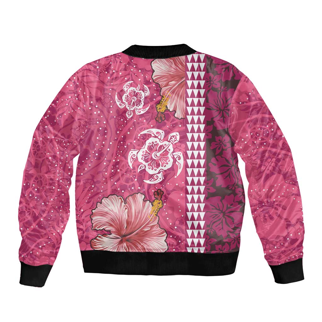 Pink Hibiscus Turle Sleeve Zip Bomber Jacket Hawaiian Style Tribal Tapa Pattern
