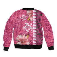 Pink Hibiscus Turle Sleeve Zip Bomber Jacket Hawaiian Style Tribal Tapa Pattern