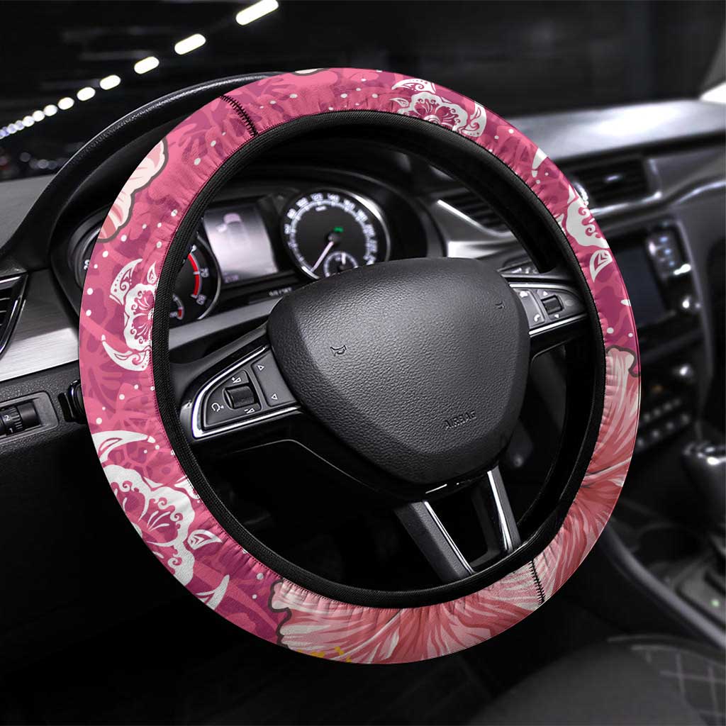 Pink Hibiscus Turle Steering Wheel Cover Hawaiian Style Tribal Tapa Pattern