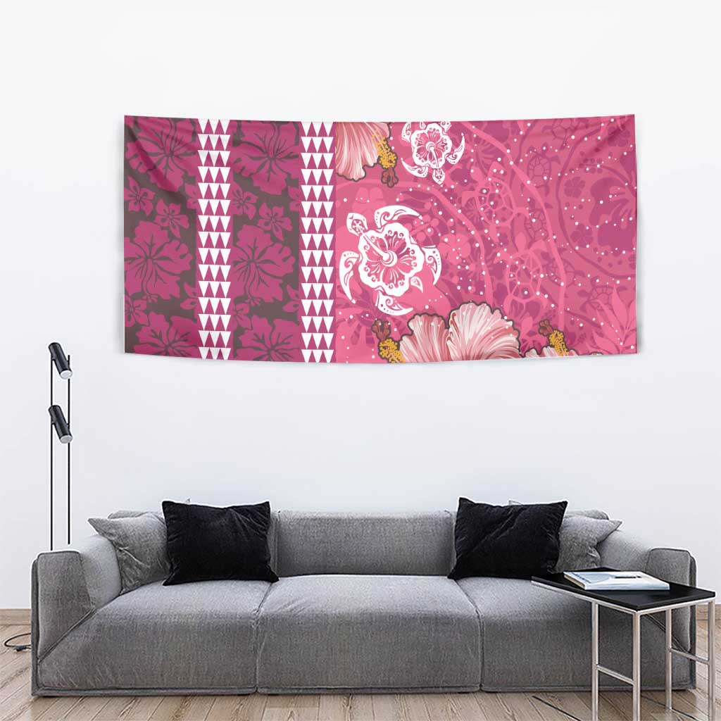 Pink Hibiscus Turle Tapestry Hawaiian Style Tribal Tapa Pattern