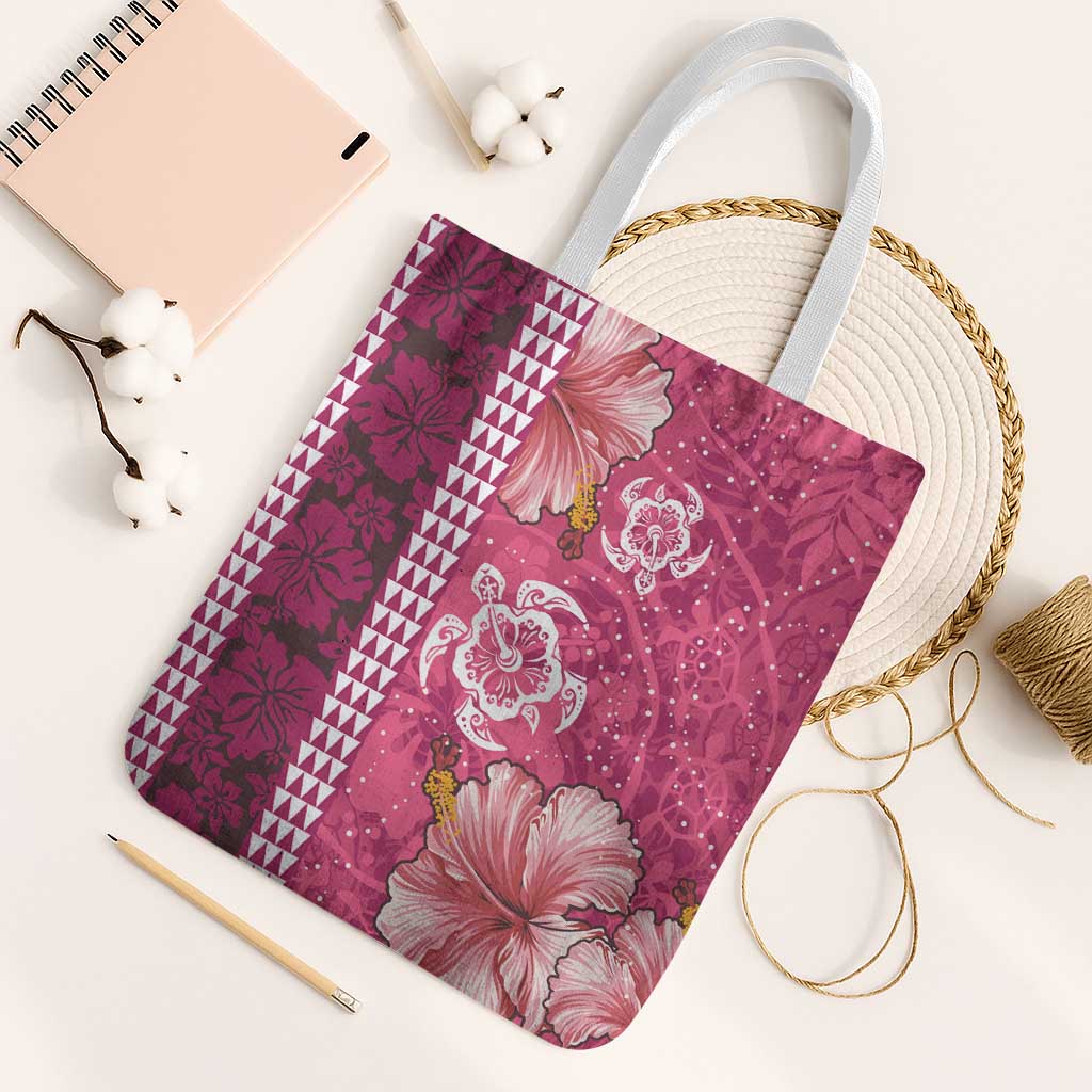 Pink Hibiscus Turle Tote Bag Hawaiian Style Tribal Tapa Pattern - Polynesian Pride