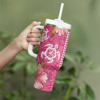 Pink Hibiscus Turle Tumbler With Handle Hawaiian Style Tribal Tapa Pattern