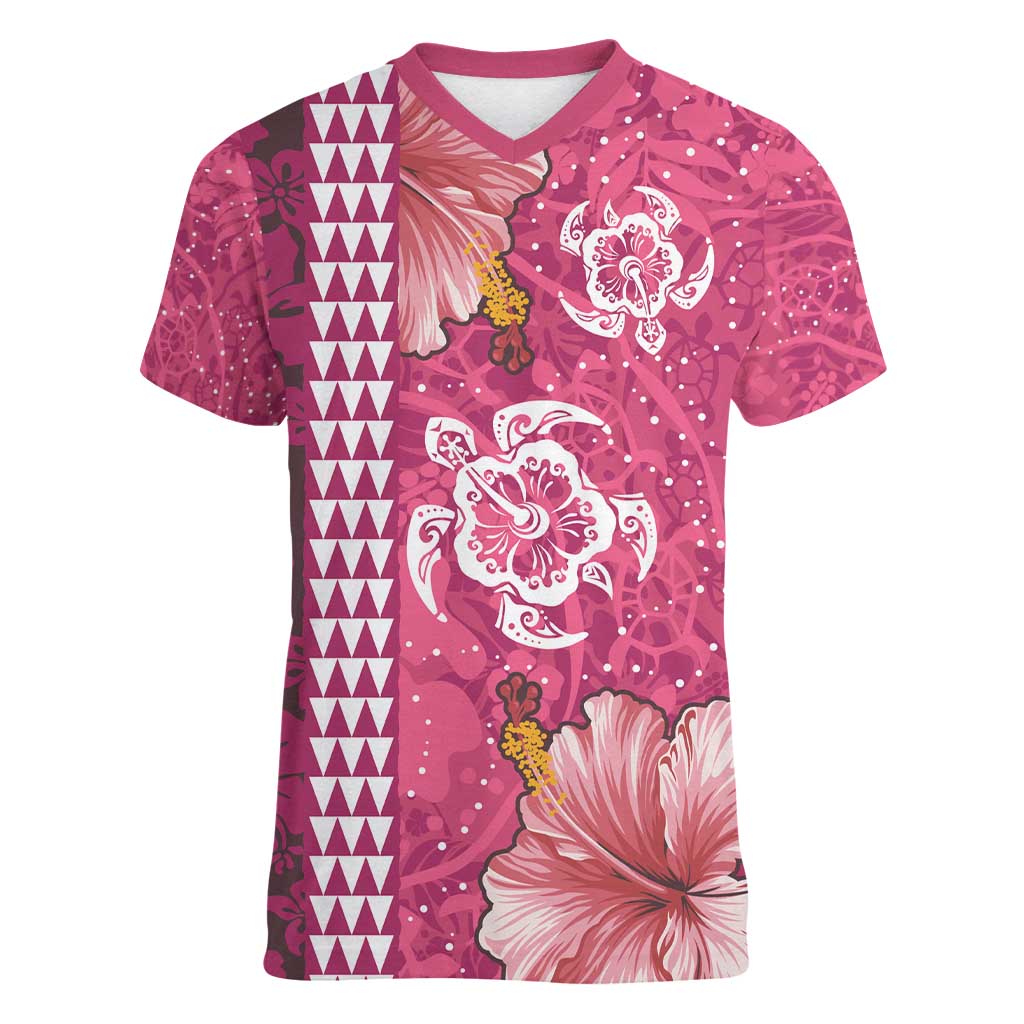 Pink Hibiscus Turle Women V-Neck T-Shirt Hawaiian Style Tribal Tapa Pattern