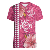 Pink Hibiscus Turle Women V-Neck T-Shirt Hawaiian Style Tribal Tapa Pattern