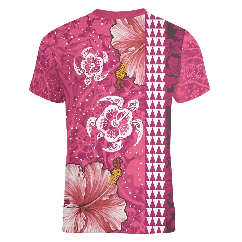 Pink Hibiscus Turle Women V-Neck T-Shirt Hawaiian Style Tribal Tapa Pattern