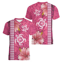 Pink Hibiscus Turle Women V-Neck T-Shirt Hawaiian Style Tribal Tapa Pattern