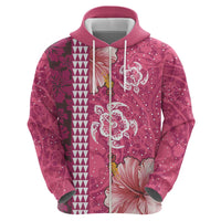 Pink Hibiscus Turle Zip Hoodie Hawaiian Style Tribal Tapa Pattern