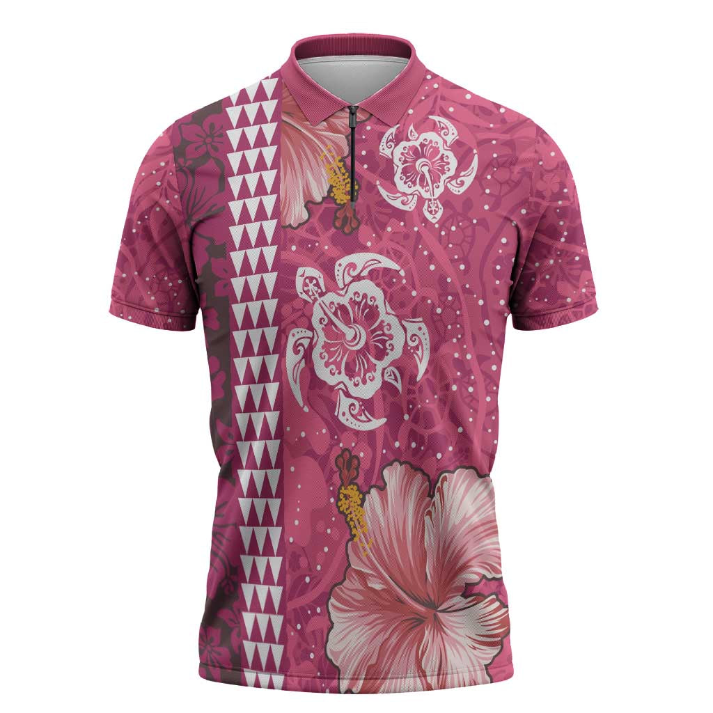 Pink Hibiscus Turle Zipper Polo Shirt Hawaiian Style Tribal Tapa Pattern - Polynesian Pride