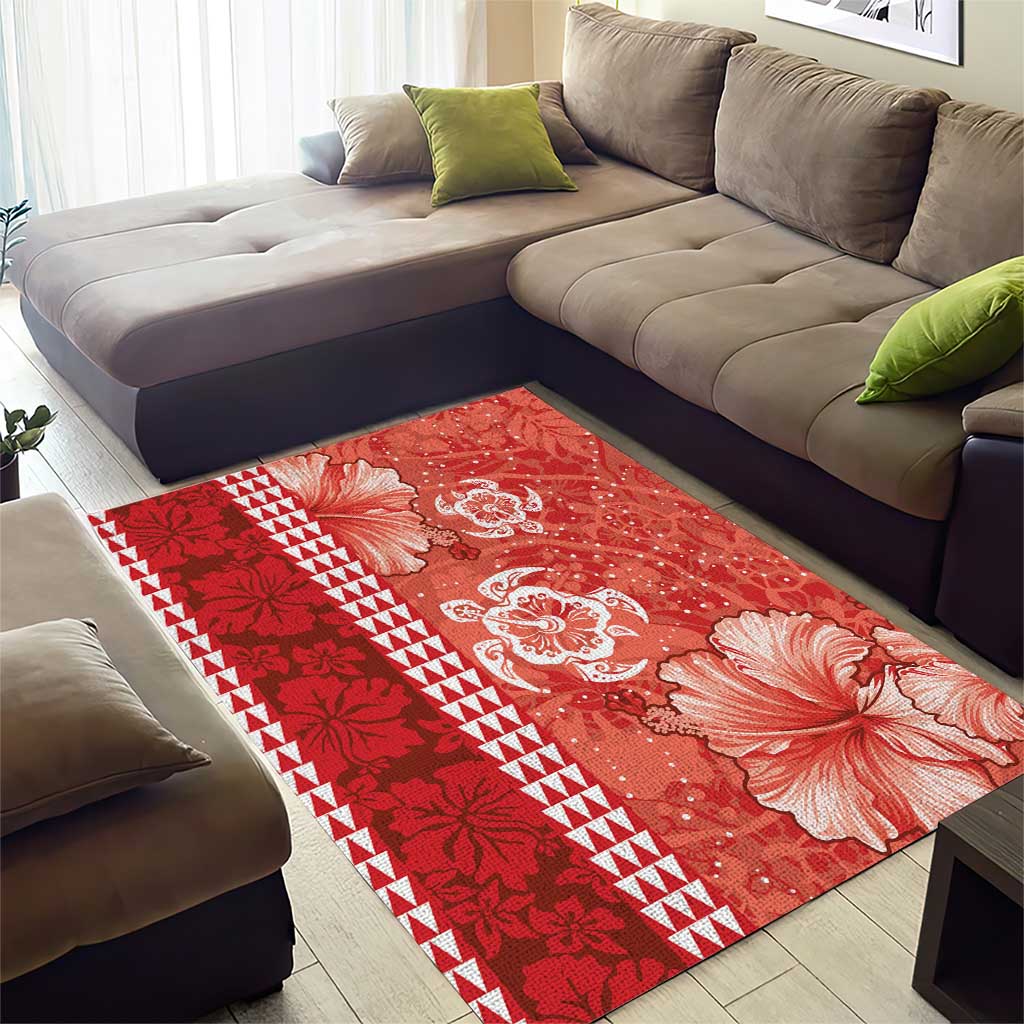 Red Hibiscus Turle Area Rug Hawaiian Style Tribal Tapa Pattern